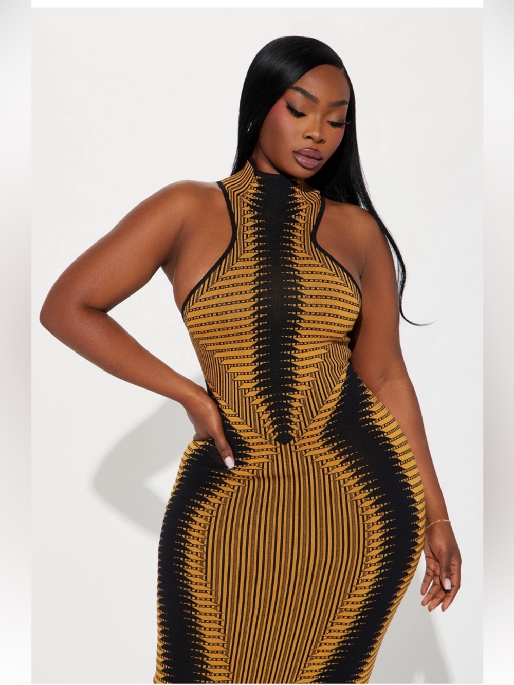 Sweater Midi Dress in Black and Mustard - Picture 4 of 5